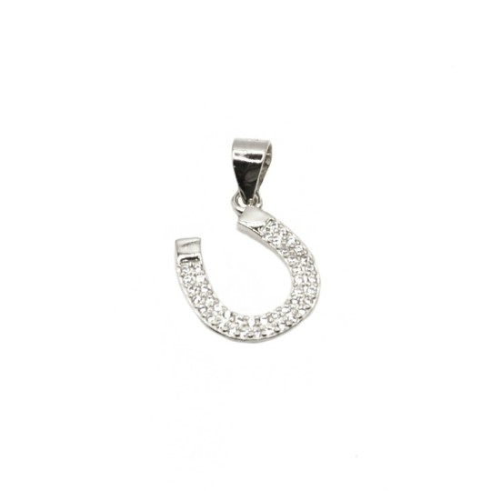 White zirconia horseshoe pendant with smooth terminals white gold plated in 925 silver