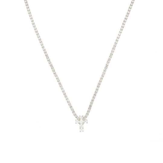 White zirconia tennis necklace with central white zirconia cross in a white zirconia frame plated in white gold in 925 silver