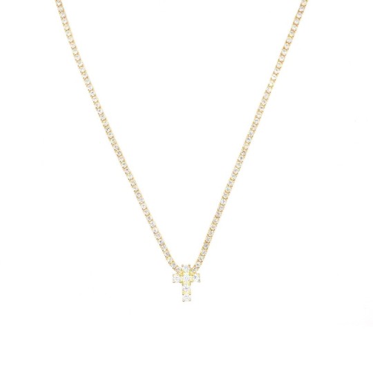 White zirconia tennis necklace with central white zirconia cross in a white zirconia frame plated in yellow gold in 925 silver