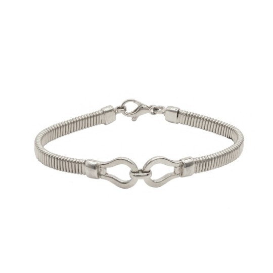 Bracciale semirigido maglia tubo gas piatta con gancio centrale lucido placcato oro bianco in argento 925