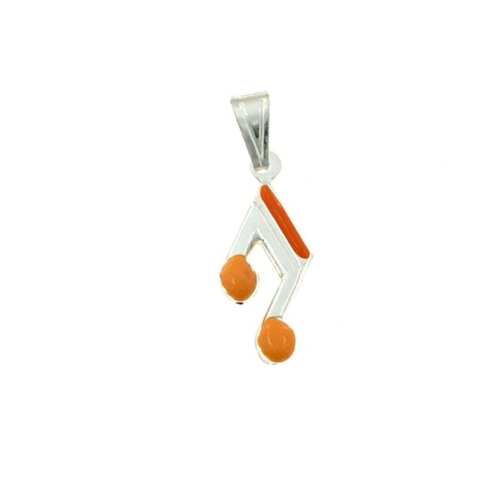 Orange enameled paired musical note pendant in white 925 silver