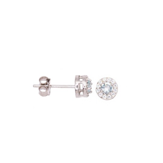 Lobe earrings with central blue zircon in a frame of white zircons plated white gold in 925 silver