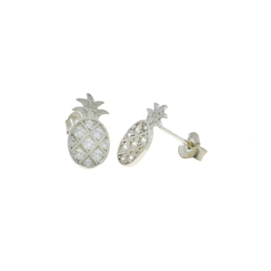 White semi-zircon pineapple lobe earrings with dotted tuft, white gold plated 925 silver