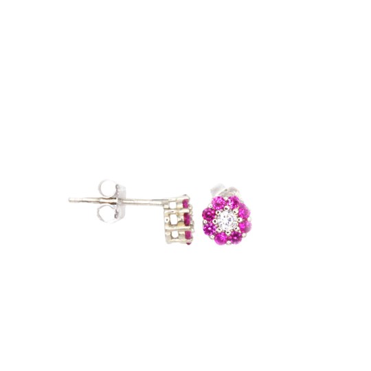 Flower lobe earrings with red zircons and white central light point, white gold plated in 925 silver