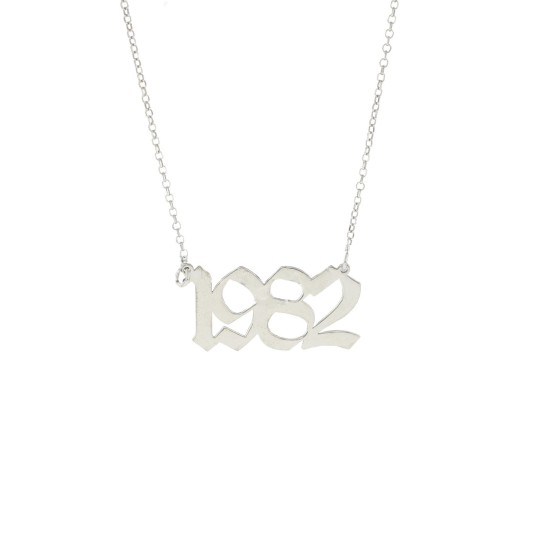 Diamond-coated rolo chain necklace with central Gothic year in white gold plated 925 silver plate