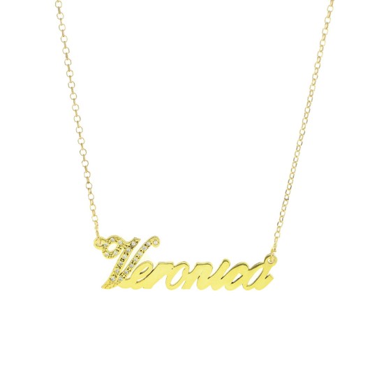 copy of Diamond-coated rolo link necklace with central plate name with white zircon initial, yellow gold plated in 925 silver