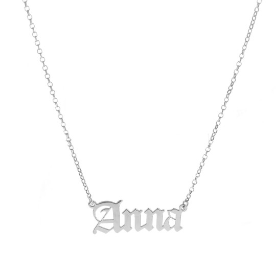 Diamond-coated rolo chain necklace with gothic name with central plate in white gold plated 925 silver