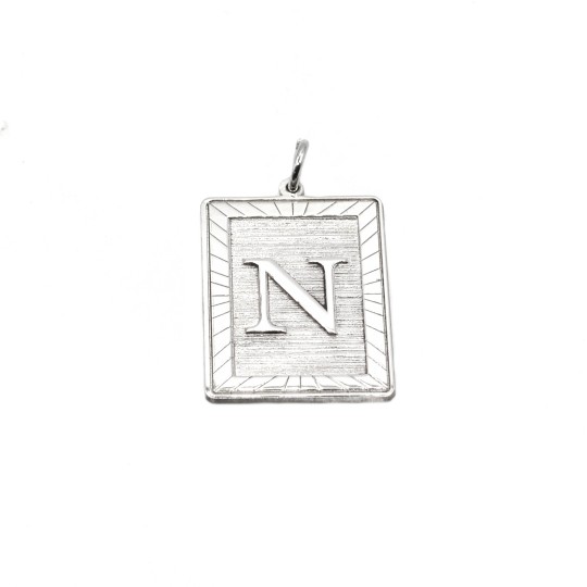 Satin and polished plate pendant with central engraved letter plated in white gold in 925 silver