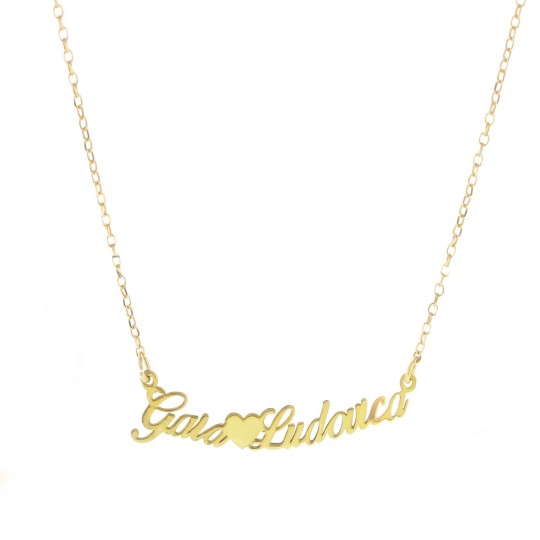 Diamond rolo mesh necklace with central plate two names in italics with central heart yellow gold plated in 925 silver