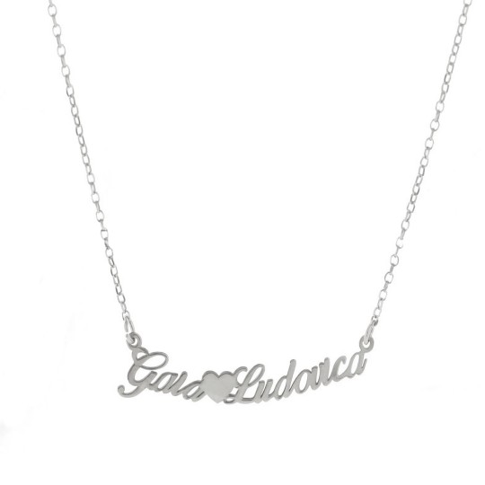 Diamond rolo mesh necklace with central plate two names in italics with central heart plated in white gold in 925 silver