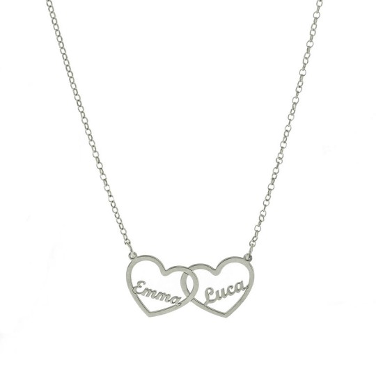 Diamond rolo mesh necklace with central plate two names in heart frames white gold plated in 925 silver