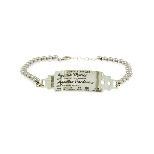 Bracciale a sfere con targa centrale con dati braccialetto nascita personalizzati placcato oro bianco in argento 925