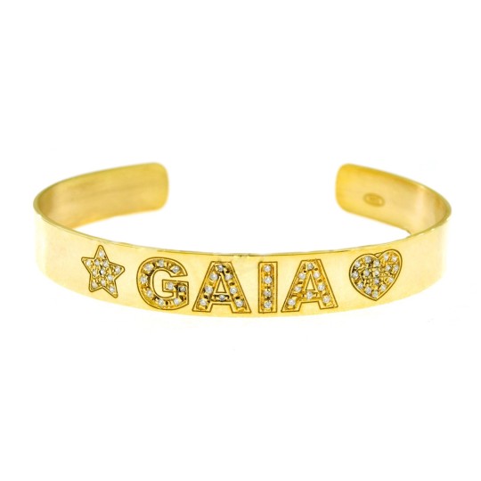 Bracciale rigido a fascia regolabile con nome zirconato bianco placcato oro giallo in argento 925