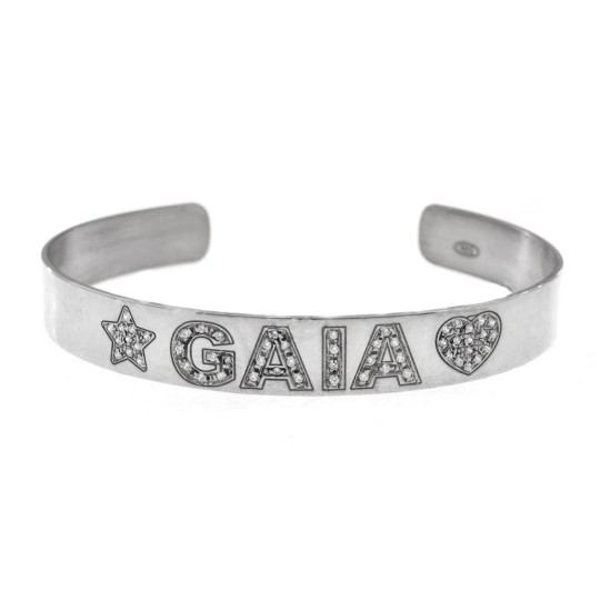 Rolo mesh bracelet with name in central plate white gold plated in 925 silver