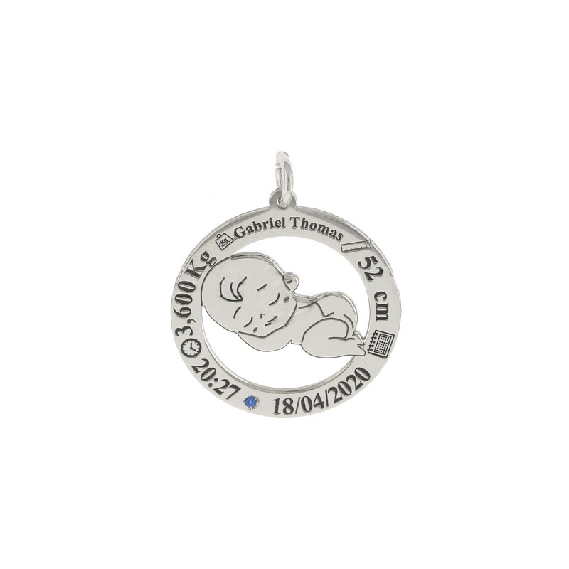 Round perforated medal with birth...