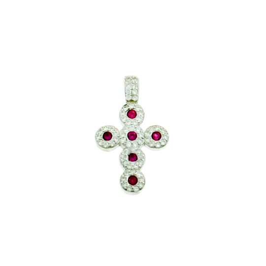 Cross pendant with white and fuchsia zircons and fixed white gold plated zirconia counter-link in 925 silver