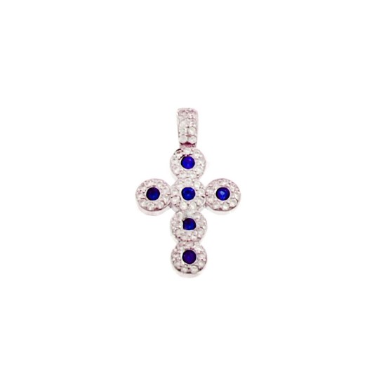 Cross pendant with white and blue zircons and fixed white gold plated zirconia counter-link in 925 silver