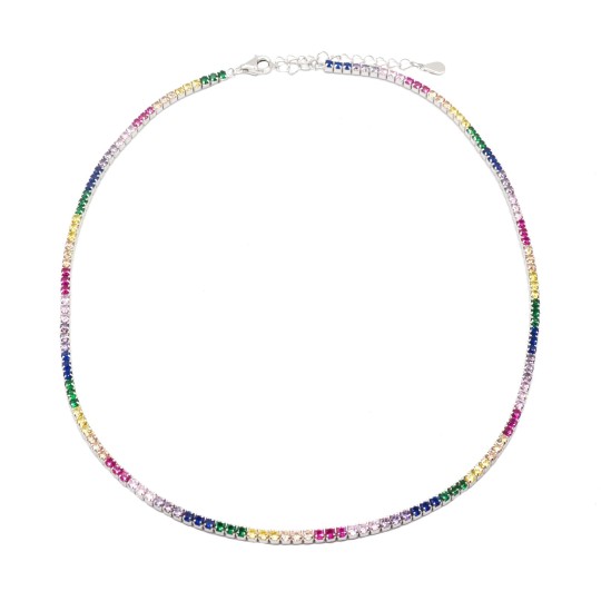 ø 2 mm multicolor zirconia tennis necklace plated in white gold in 925 silver