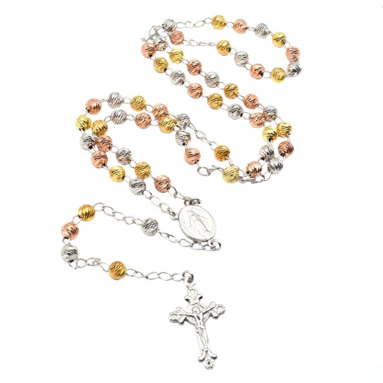 925 Silver 4mm Faceted Ball Yellow Gold Plated Y Rosary Necklace (50cm)