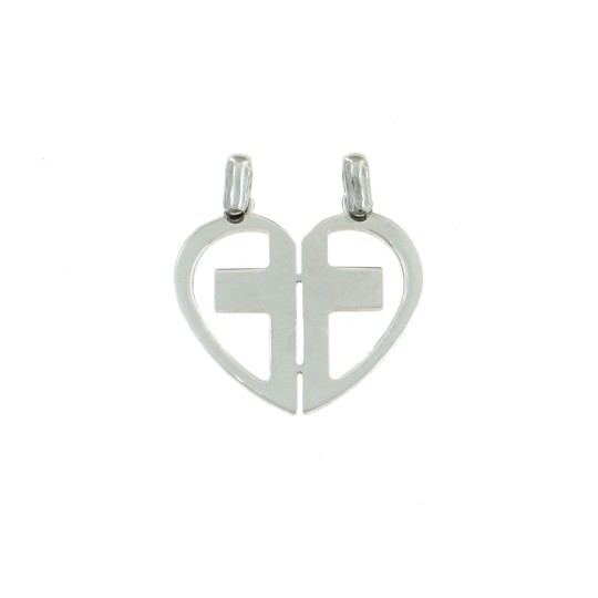 Ciondolo divisibile cuore con croce placcato oro bianco in argento 925