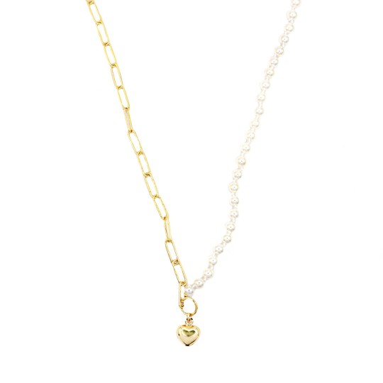 Collana metà maglia biscotto e metà perle con sagoma tondo a filo e cuore accoppiato pendente placcata oro giallo in argento 925