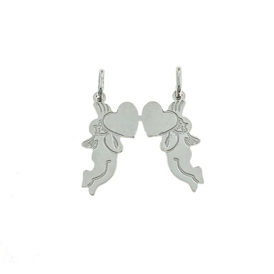 Divisible pendant angels with engraved hearts in white gold plated 925 silver