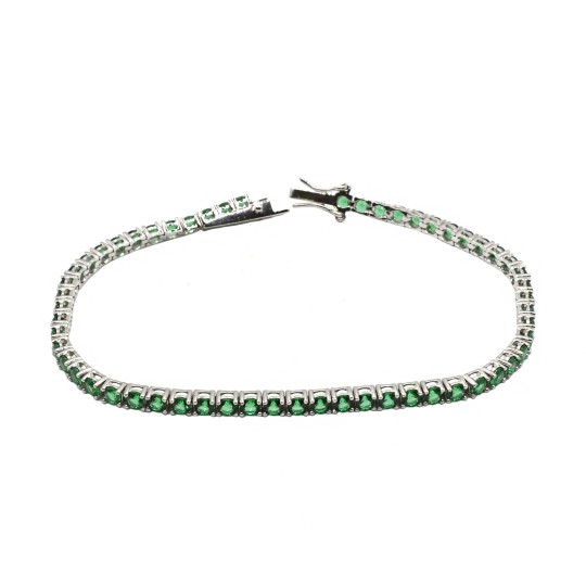 Tennis bracelet with 3mm green zircons white gold plated in 925 silver