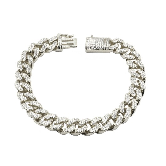 Bracciale maglia grumetta zirconata bianca placcato oro bianco in argento 925