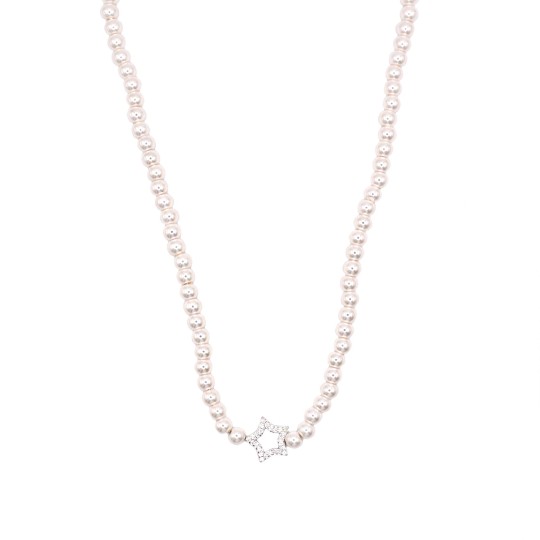 Collana di perle con sagoma stella centrale zirconata bianca placcato oro bianco in argento 925