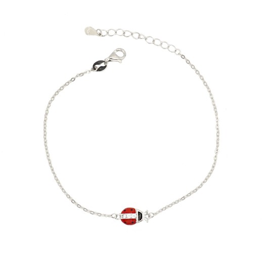 Bracciale maglia forzatina con targa centrale e coccinella laterale con zirconi bianchi smaltata placcato oro bianco in argento 