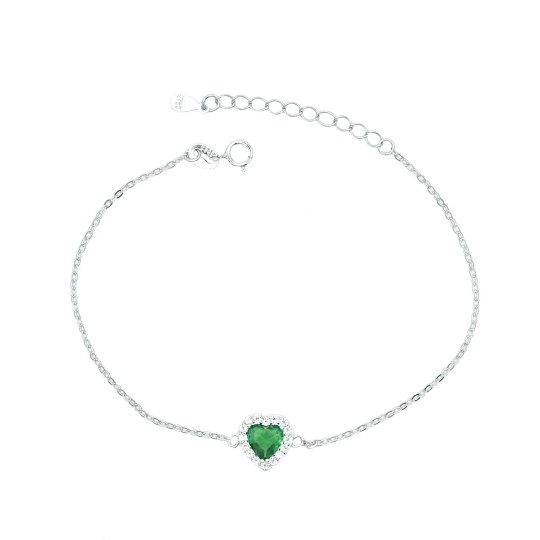 Bracciale maglia forzatina con cuore pierta centrale verde con contorno di zirconi bianchi placcato oro bianco in argento 925