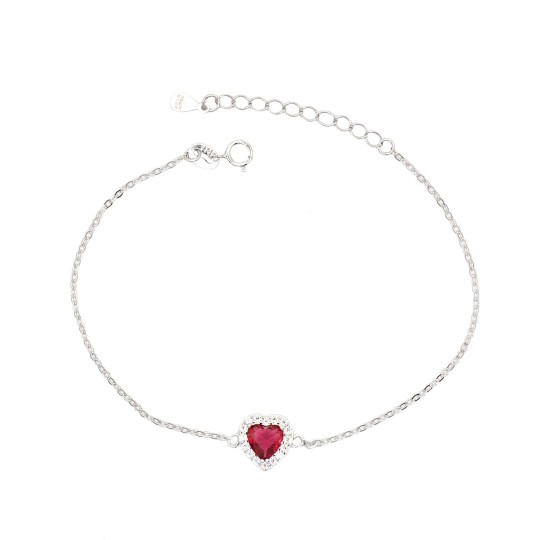 Bracciale maglia forzatina con cuore pierta centrale rossa con contorno di zirconi bianchi placcato oro bianco in argento 925