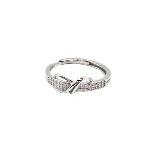 Adjustable wire ring with central knot white gold plated in 925 silver