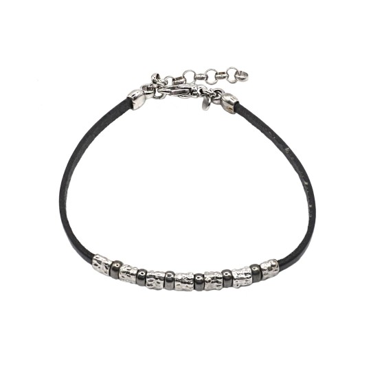 Bracciale laccio in cuoio nero con pepite martellate placcata oro bianco in argento 925