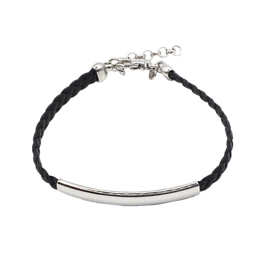 Bracciale laccio in cuoio a treccia con piastra liscia placcata oro bianco in argento 925