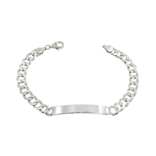 7 mm curb mesh bracelet with white gold plated central rectangular plate in 925 silver