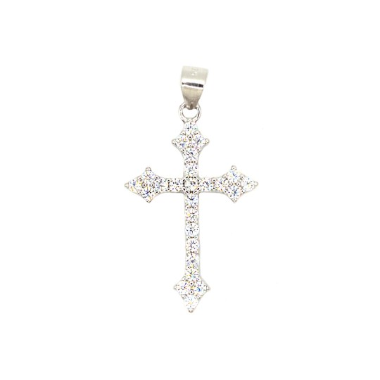 Cross pendant with black zircons with 4 claws white gold plated in 925 silver