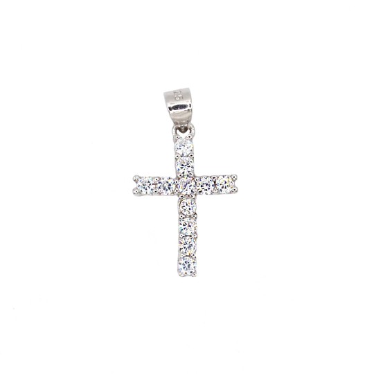 Cross pendant with black zircons with 4 claws white gold plated in 925 silver