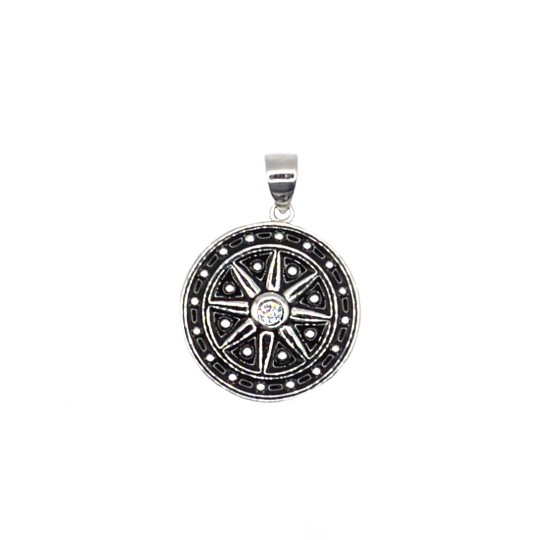 Round dotted and black enamelled pendant with central compass rose and light point white gold plated in 925 silver