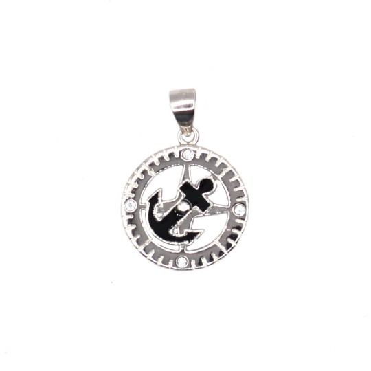 Black enamelled anchor pendant on a round base engraved with cardinal points of white zircons white gold plated in 925 silver