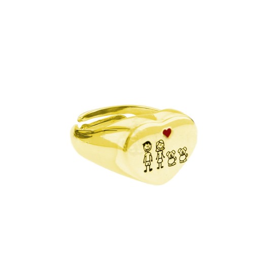 Anello family mignolo regolabile a scudo cuore con soggetti personalizzati incisi e cuore smaltato rosso placcato oro giallo in 