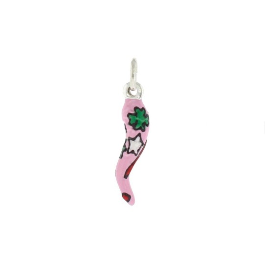 Pink enameled horn pendant with shamrocks and multicolor enameled stars in 925 silver