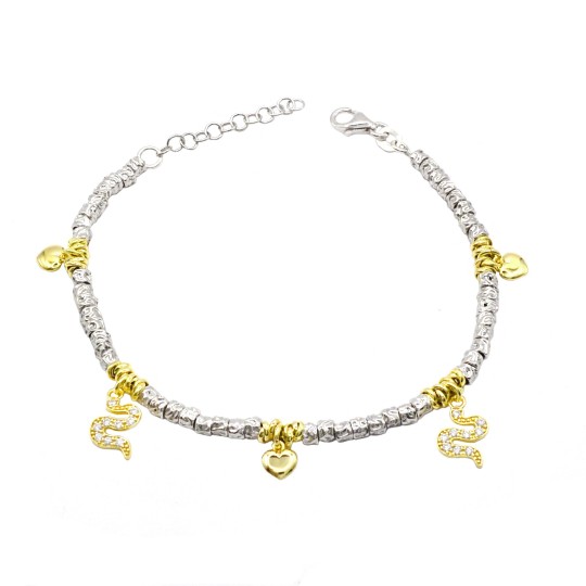 Bracciale con pepite martellate e rondelle con cuore liscio e serpente zirconato placcati oro giallo in argento 925