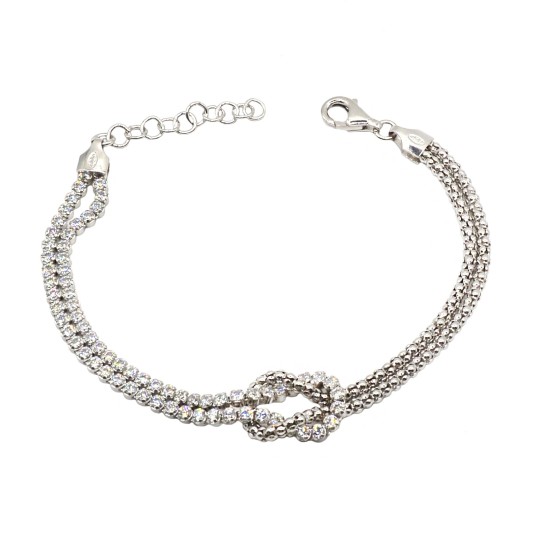 Bracciale due fili con nodo centrale metà pop corn metà tennis zirconi bianchi placcato oro bianco in argento 925