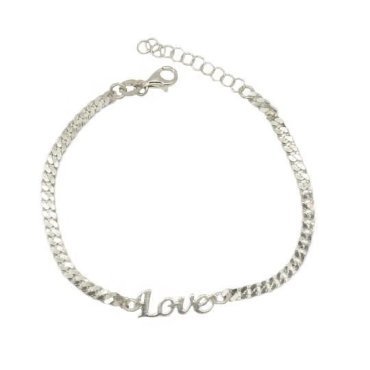 Bracciale maglia groumette con scritta "Love" centrale a lastra placcata oro bianco in