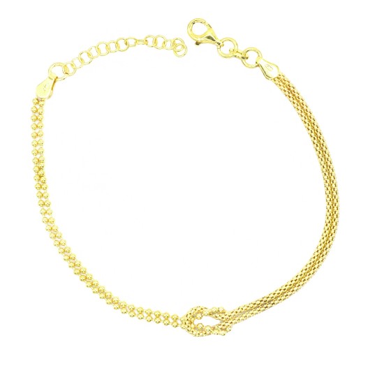 Bracciale due fili pop corn e dimantata con nodo centrale placcato oro giallo  in argento 925